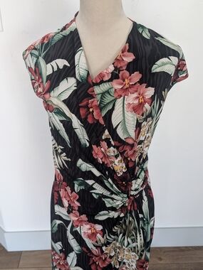 Tommy Bahama Black Dress with Pink Floral and Green Leaves